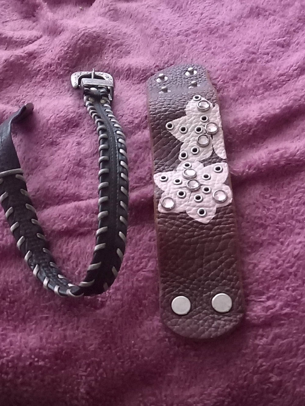 Brown Leather Studded Bracelet Set with Pink Star Accents